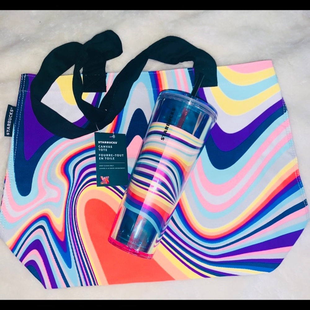Starbucks 2pc Set Target Exclusive Rainbow Retro Swirl Wave Tumbler Cup & Tote
